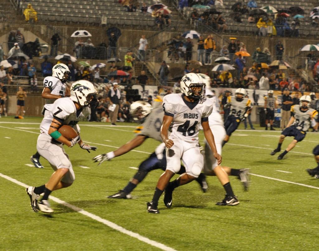 Senior Brennon Veazy returns kick in the rain against Stony Point. The Mavs fell short losing by a touchdown 21-14.  