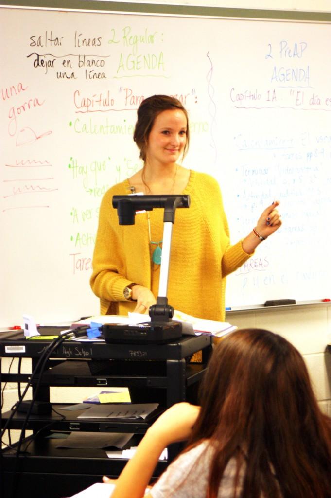 Student+teacher+Emily+Erickson+instructs+the+class+on+a+Spanish+lesson+during+Lori+Sanders+seventh+period+Spanish+II+class.+Erickson+is+one+of+many+college+students+getting+their+teaching+experience+at+McNeil.