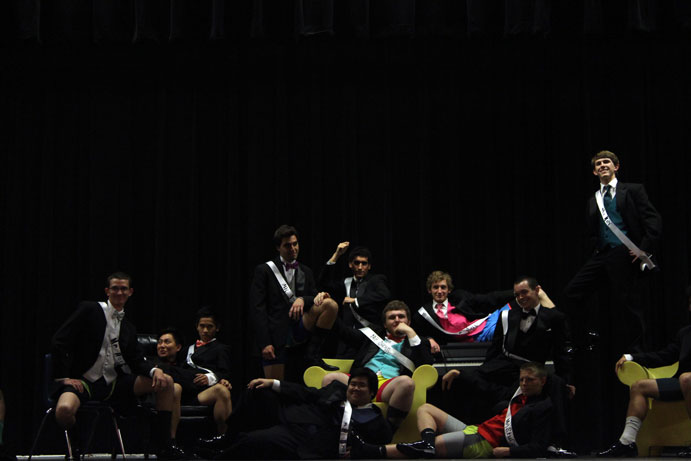 Candidates for the Mr. Mav competition pose for the camera.