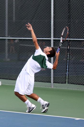 Sophomore Jack Cohen serves the ball in the match against Westwood.