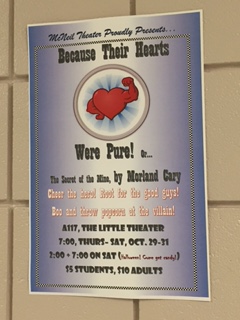 The theater department is advertising their show. They will be performing October 29, 30, and 31 at 7:00 p.m.