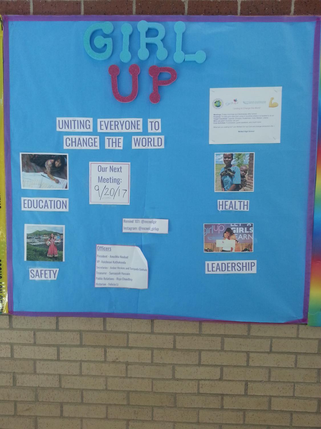 This picture is the poster of the Girl Up club in the main hallway. The Girl Up club is the one of the new club formed this year. Hoping everyone to be interested in the Girl Up club! Be a hero!