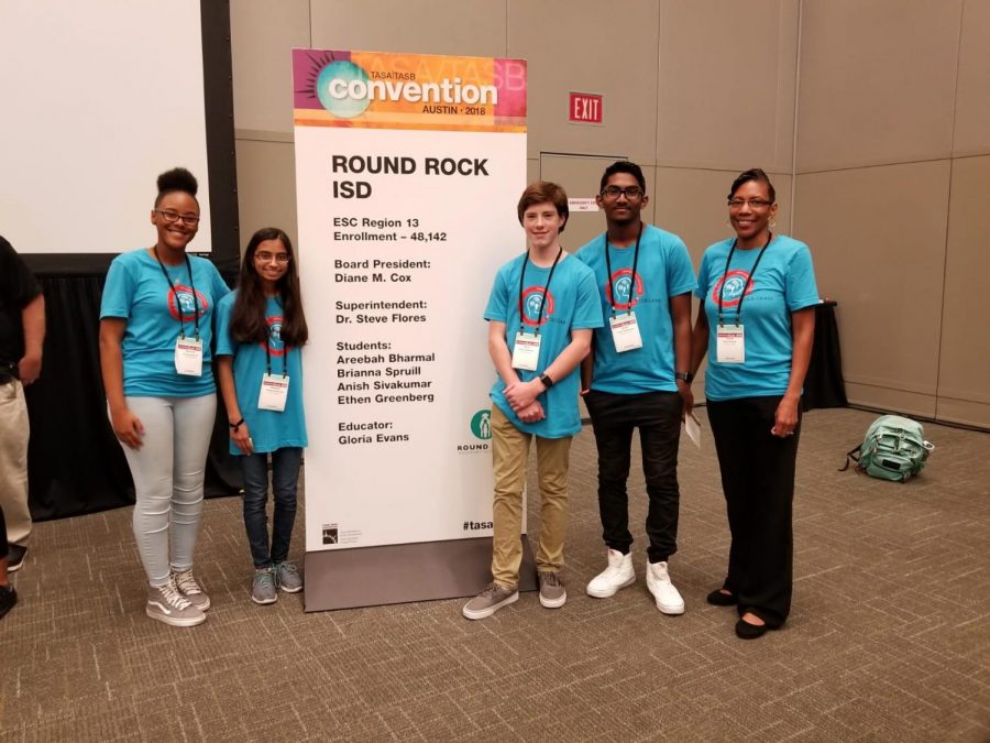 The RRISD team from McNeil High School presented at the TASA/TASB Convention Saturday afternoon at the Austin Convention Center. From left to right:, Brianna Spruill, Areebah Bharmal,  Ethen Greenberg, Anish Sivakumar, and Academy Specialist Gloria Evans. 
