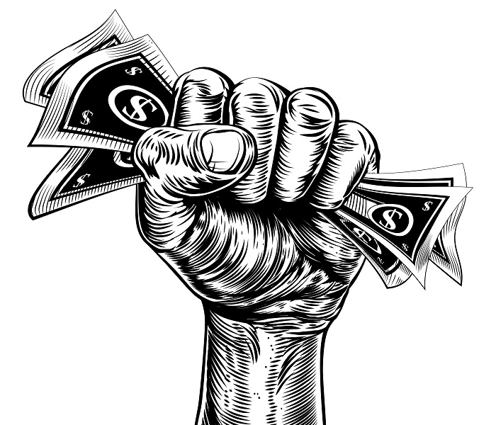 An original design of a fist holding money in a vintage propaganda poster wood cut style