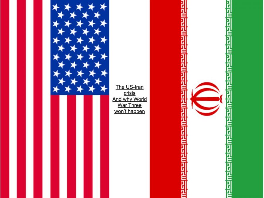 Cutouts of the U.S flag and the Iran flag with the title of the story. Flag cutouts from google images.