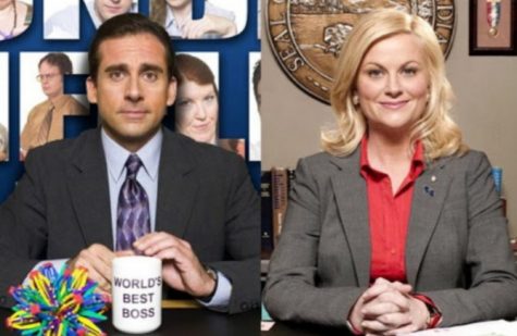 Michael Scott (Steve Carell) representing “The Office” and Leslie Knope (Amy Poehler) representing “Parks and Recreation.” 
