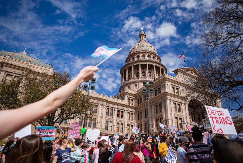 Opponents of Texas Senate Bill 14 (SB 14) rally outside of the Texas State Capitol in Austin, Texas. If passed, the bill will prohibit trans minors from receiving puberty blockers and hormone replacement therapy, and will ban health care plans and medical practitioners from covering or performing medical procedures on trans youth.