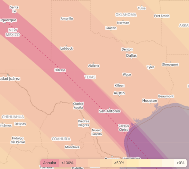 Texas cities visibility of the annular solar eclipse. For the full map, visit https://www.timeanddate.com/eclipse/map/2023-october-14.