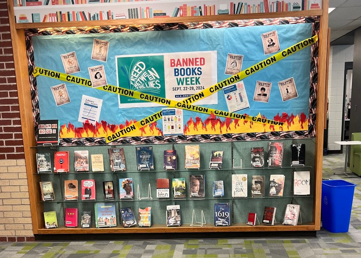 The banned books week display in the library.