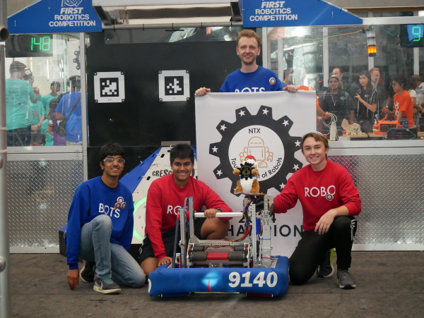  Junior Abhinav Devarakonda, junior Urjith Mishra, MHS teacher Gijs Landwehr, and senior Trent Bauman at NTX competition.