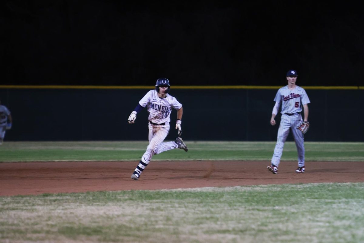 Preston stone sprints first base after a line drive hit. Stone said that his leg guard is always a reminder of his leg injury but is glad to be bak and playing. “I’m so grateful to be back on the field because baseball is my favorite sport,” Stone said. “ I couldn’t imagine being at school everyday and thinking about how I used to be able to play.” 