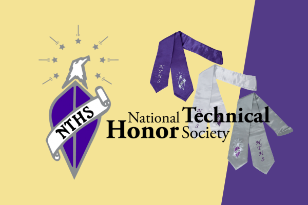 NTHS logo and stoles on a light yellow and purple background.