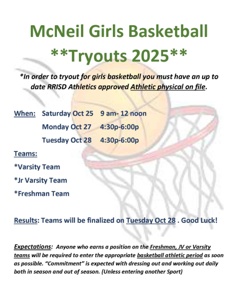 Girls tryout dates are Oct. 25, Oct. 27, and Oct. 28. 