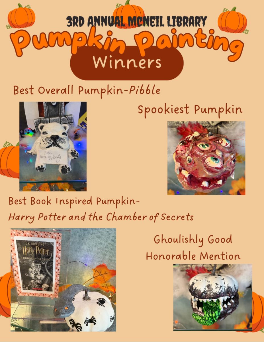 The contest winners for the 3rd annual Pumpkin Painting competition. More information about the contest results can be found on MavMail. Photo Courtesy of the McNeil Library