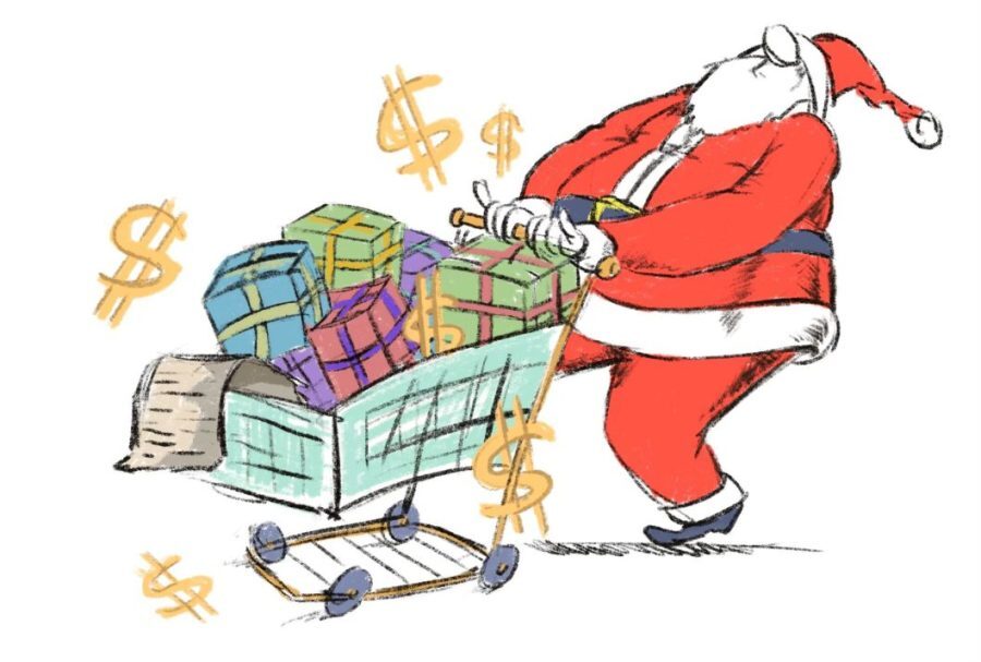 Drawing showing the growing consumer habits that have become associated with Christmas, in turn affecting the portrayal of Santa Claus as a holiday figure. Photo Courtesy of Nebraska Recycling Council
