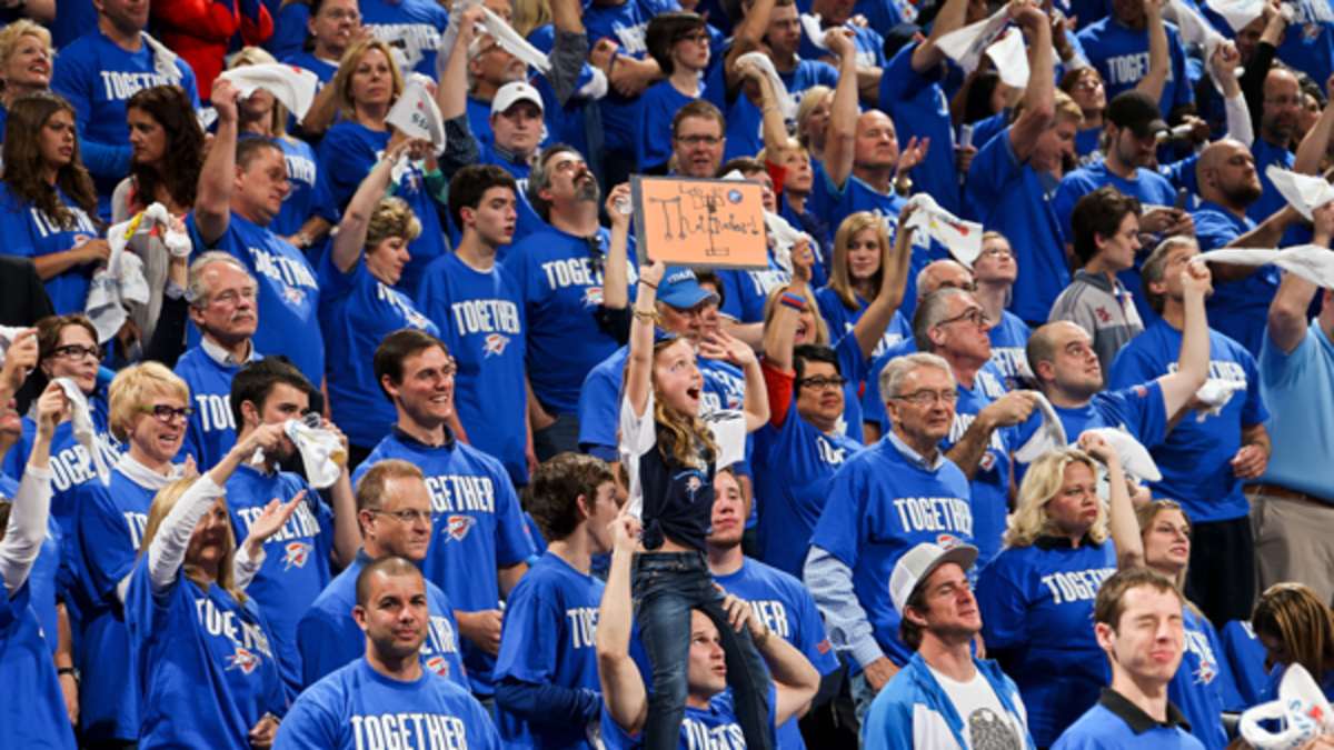 The Oklahoma City Thunder have a tradition  of giving fans t-shirts to wear during playoff games, contributing to a more hostile looking home environment. Photo Courtesy of Sports Illustrated