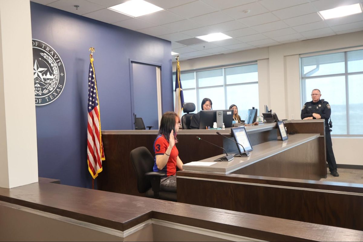 Simulation of being sworn into court. Taking oath is a formal agreement a witness commits to in order to provide the court with truthful information. A judge will typically ask a witness to raise their right hand and swear to tell "The truth, the whole truth, and nothing but the truth."