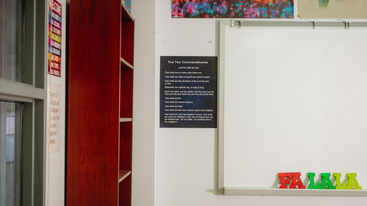 An example of the Ten Commandments displayed in a Texas classroom; according to the law, all displays must be 16 inches wide by 20 inches tall. Photo Courtesy of The New York Times