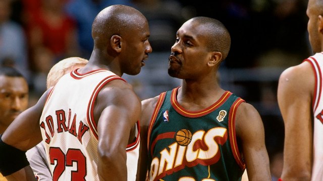 In the 1996 NBA Finals, the Chicago Bulls took on the Seattle Supersonics. The series was marked by an individual matchup between star Michael Jordan and Sonics' defensive minded guard Gary Payton in which comments by both were highly publicized, contributing to the intensity of the series. Photo Courtesy of King 5 News