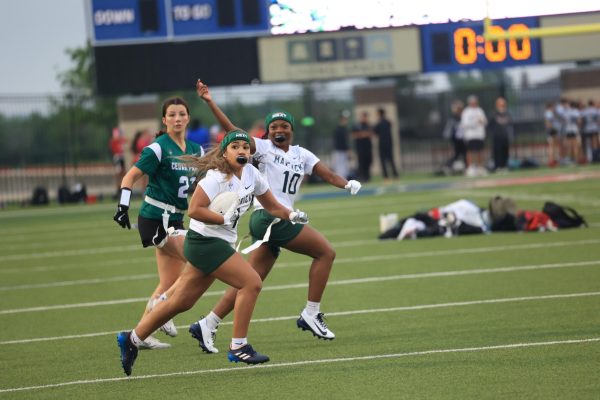 Freshman Corner Marianna Navas intercepts the ball after a failed Cedar Park attempted two point play intercepted after a Wolverine touchdown. 